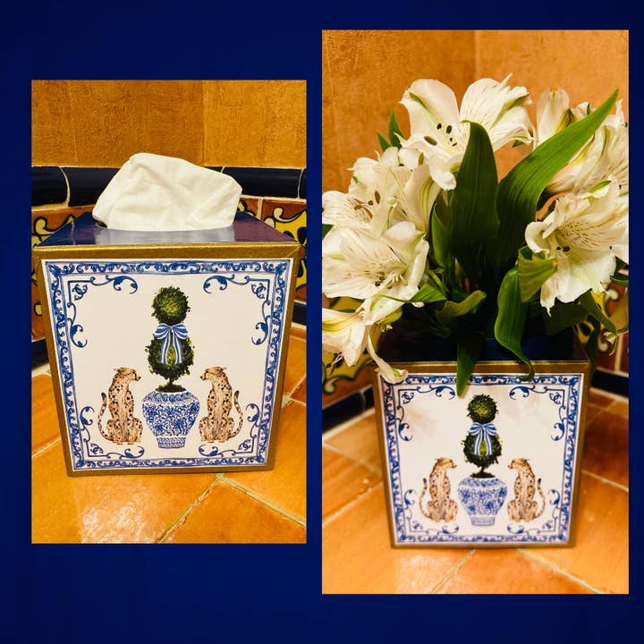 TOPICS IN THE TROPICS - Wholesale Tissue Box - Paper mache Kleenex box with leopards and chinoiserie1