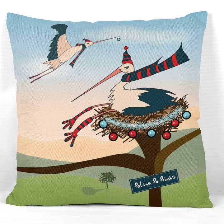 Funny Pillow cover with stork Christmas scene for wholesale by Polina Po Prints