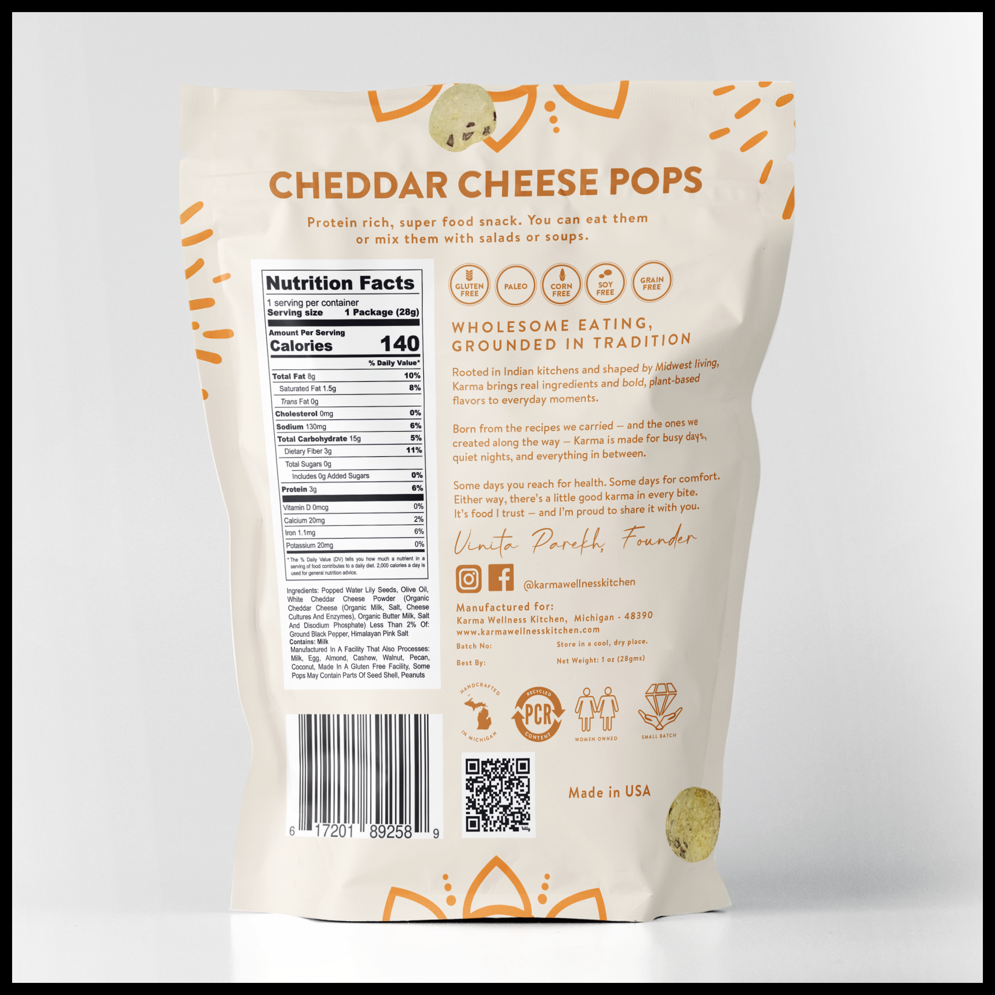 Karma Wellness Kitchen - Wholesale Puffed Snack - White Cheddar Cheese Karma Pops1
