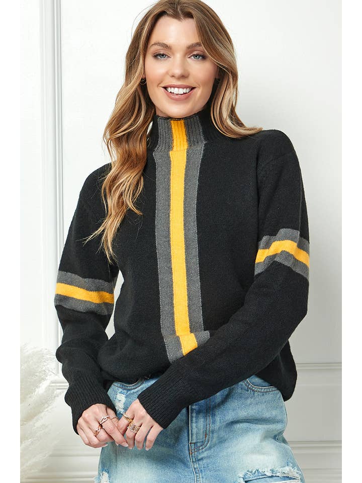 Cezele - Wholesale Knit Sweater - Women's - Mock Neck Striped Contrast Sweater7