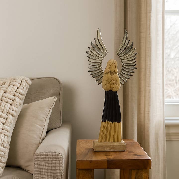 AWGifts Europe - Wholesale Decorative Figurine - 2x Large Mango Wood Gardian Angel Metal Wings & Enamel Detai2