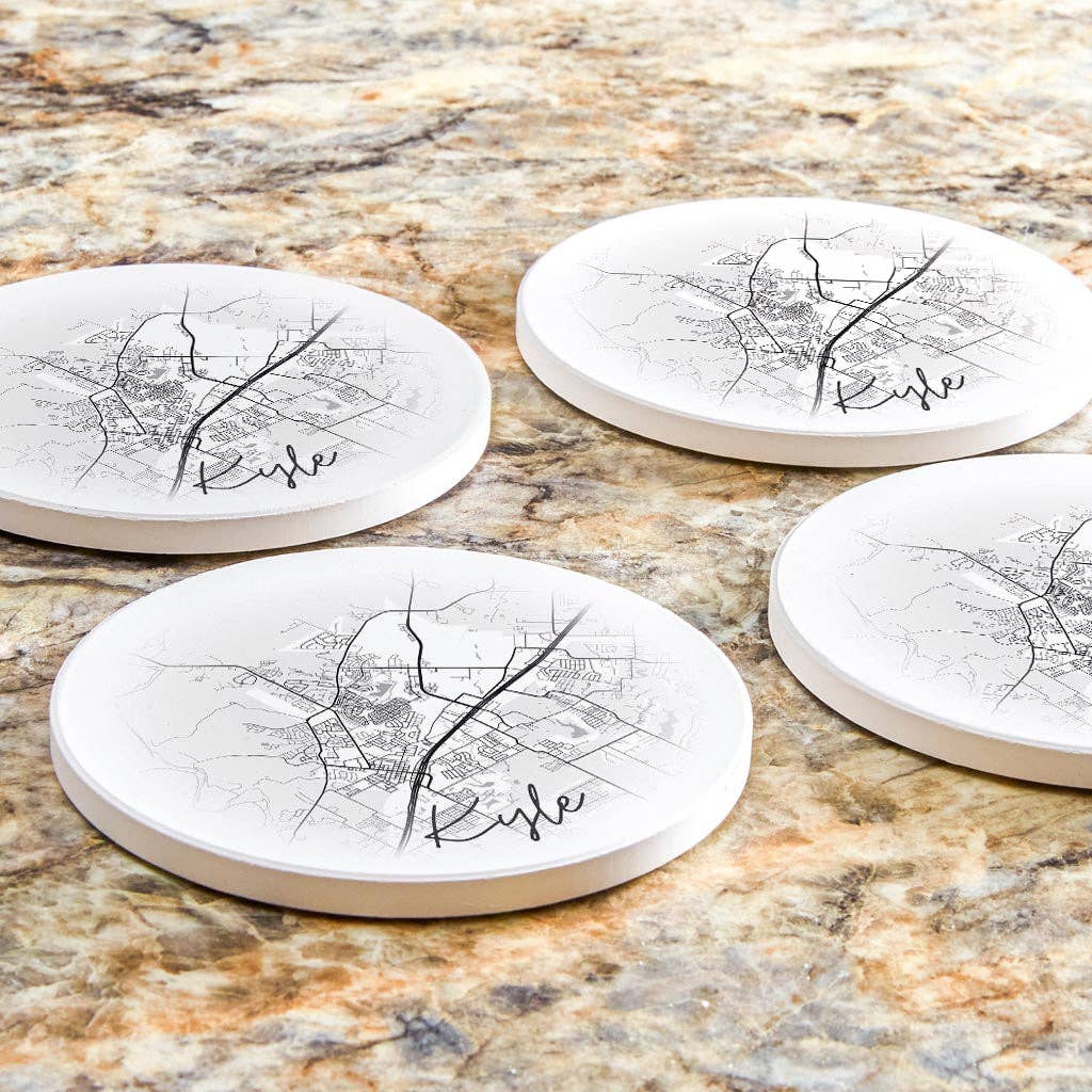 Love Local - Wholesale Coasters - Minimalistic B&W Texas Kyle Circle Map | Absorbent Coasters | Set of 4 | Min 26