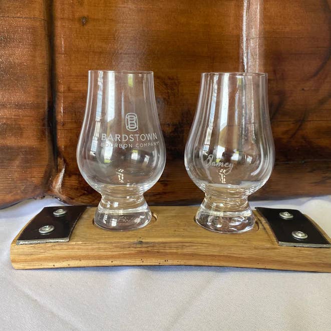 Bourbon Stave Double Glencairn Holder w/metal bands for wholesale by Fire & Fluff Laser Art Studio