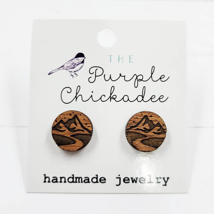 Mountain River Engraved Wooden Stud Earrings for wholesale by The Purple Chickadee
