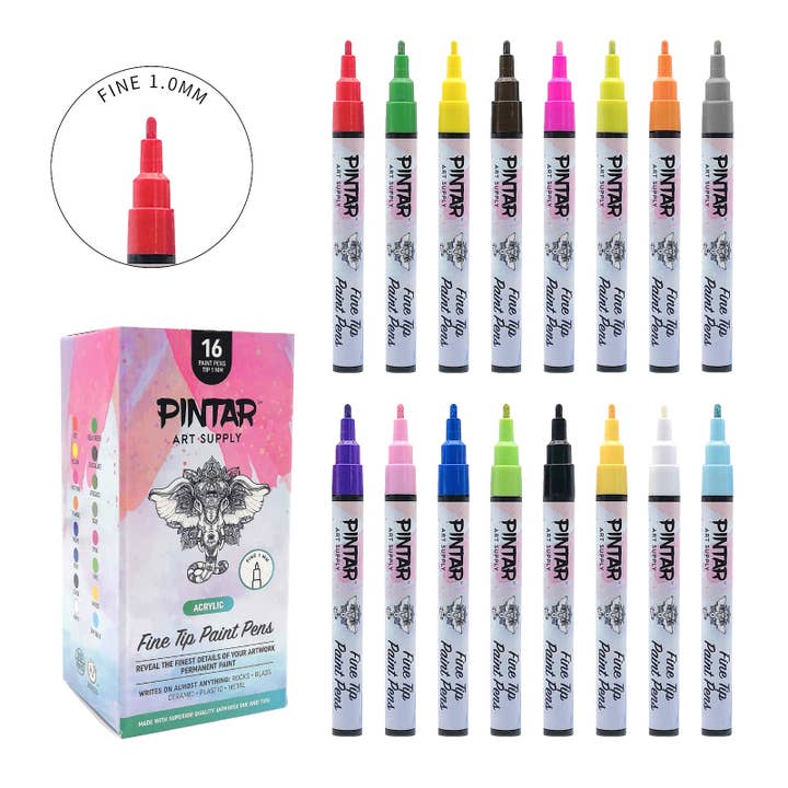 Pintar Art Supply - Wholesale Marker - PINTAR Premium Acrylic Paint Pens - 1mm Fine Tip Pens For Rock Painting, Ceramic Glass, Wood, Paper, Fabric & Porcelain, Water Resistant Paint Set, Surface Pen, Craft Supplies, DIY Project (16 colours)