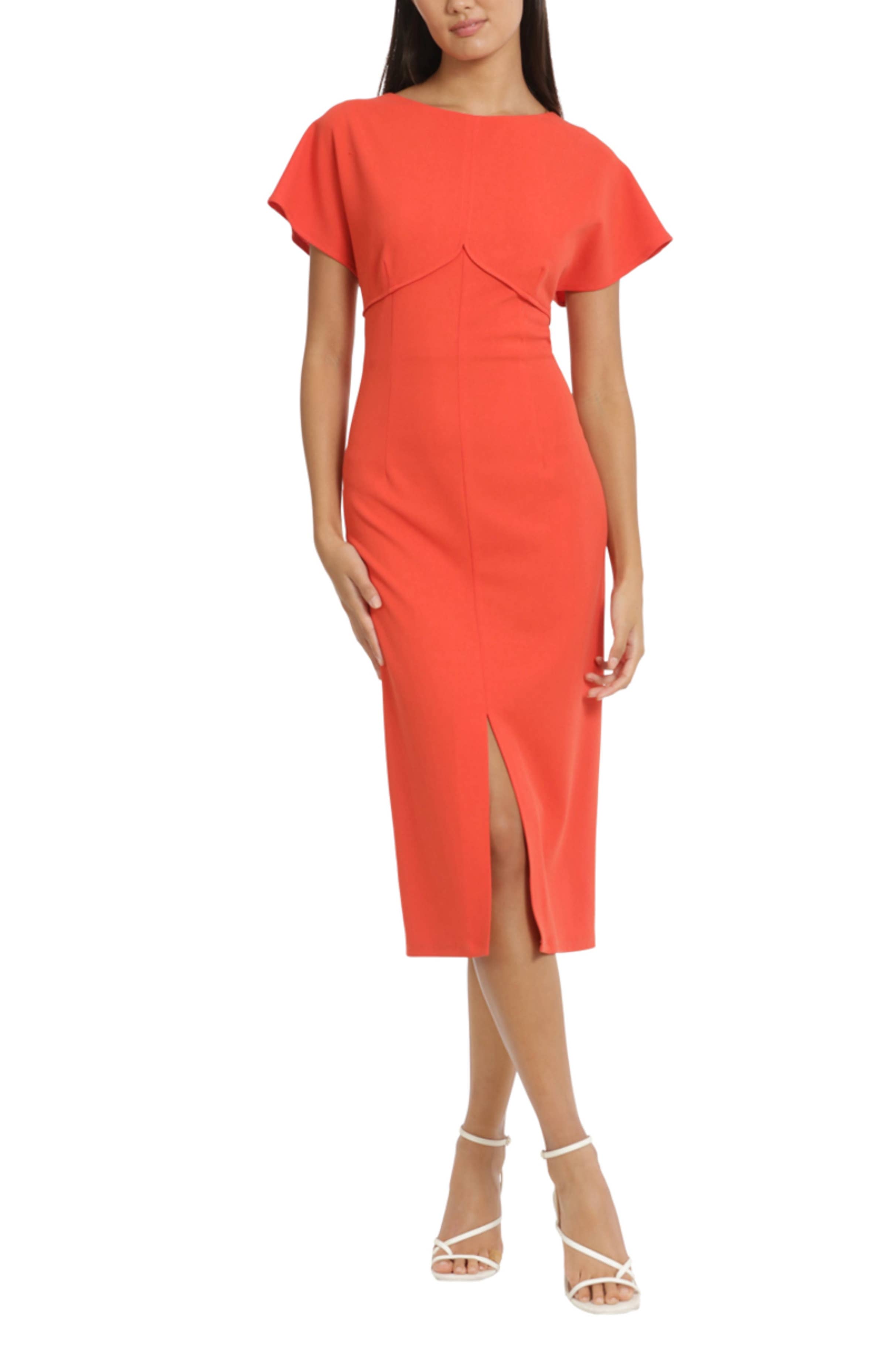 AURORA RED Donna Morgan Flutter Sleeve Sheath Midi Dress for wholesale on Faire