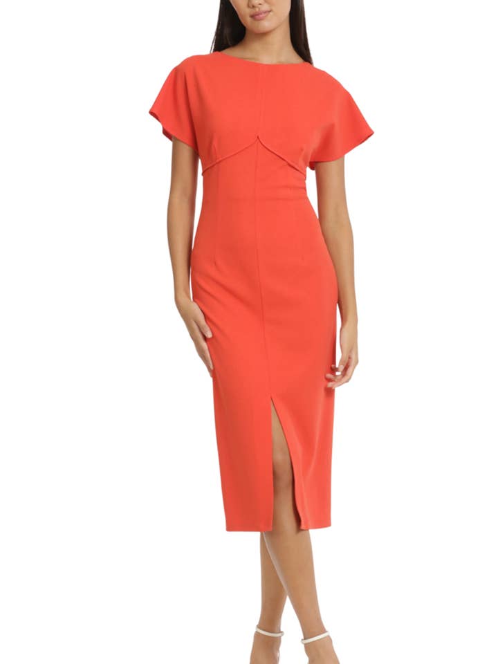 Donna Morgan Flutter Sleeve Sheath Midi Dress for wholesale by New Yorker's Apparel