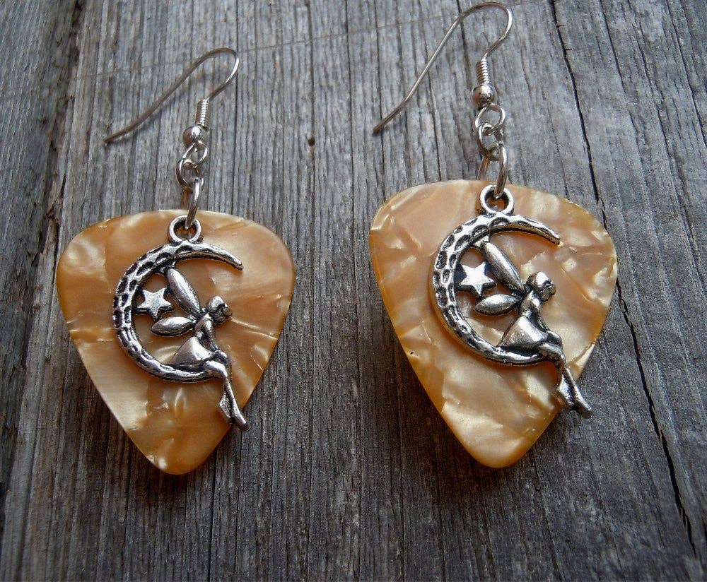 Simply Raevyn - Wholesale Dangle Earrings - Fairy on the Half Moon Charm Guitar Pick Earrings2