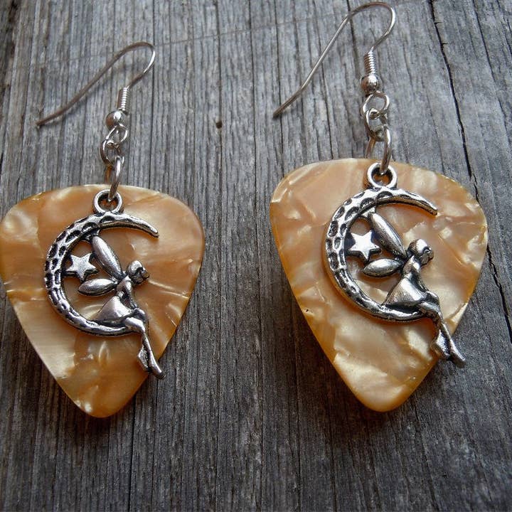 Simply Raevyn - Wholesale Dangle Earrings - Fairy on the Half Moon Charm Guitar Pick Earrings2