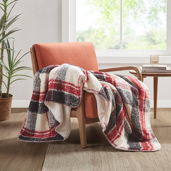 Plaid Faux Mohair Sherpa Throw Blanket 50x60", Red for wholesale on Faire
