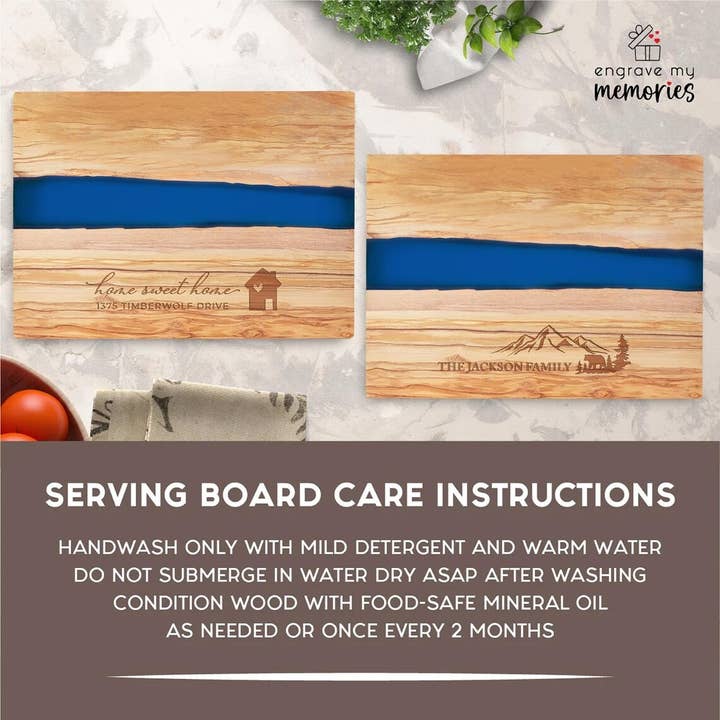 Engrave My Memories - Vente Plateaux à fromage - Planche à charcuterie personnalisée en bois d'olivier avec bord naturel en résine3