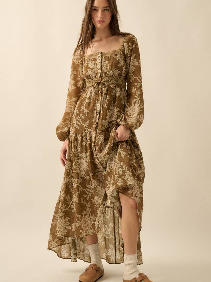 Floral Bubble-Sleeve Button-Front Maxi Dress for wholesale by Promesa USA