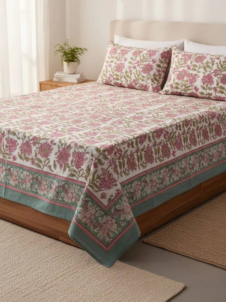 Drap-housse en pur coton imprimé à la main de Jaipuri, taille king, doux pour la vente par The Eastern Loom