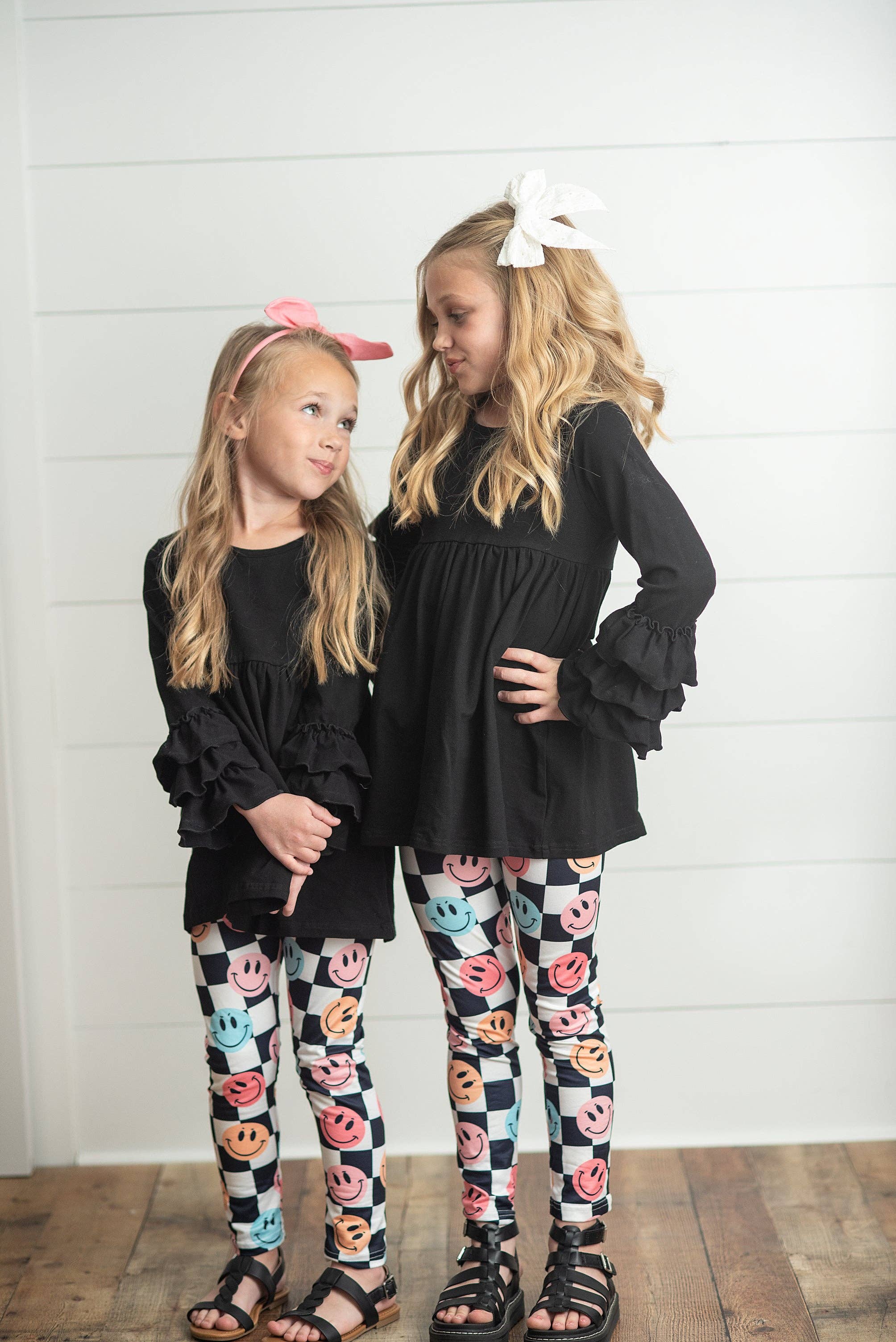 Adorable Sweetness - Wholesale Top & Leggings Set - Kids - Kids Black & White Check Smiley Face Ruffle Top Leggings Set4
