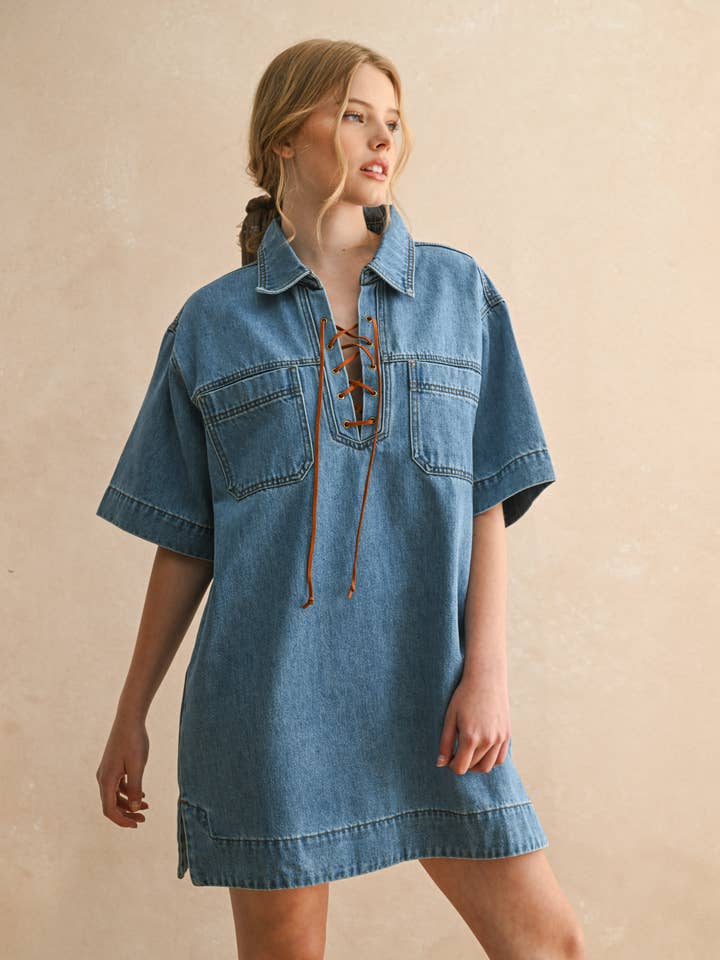 D5888   SUEDE LACE UP DENIM SHIRT DRESS for wholesale by MIOU MUSE