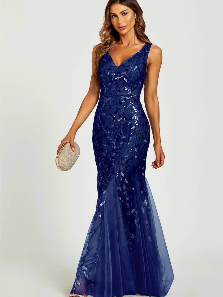 Sequin Leaf Detailed V Neck Bridesmaid Maxi Dress In Navy for wholesale on Faire2