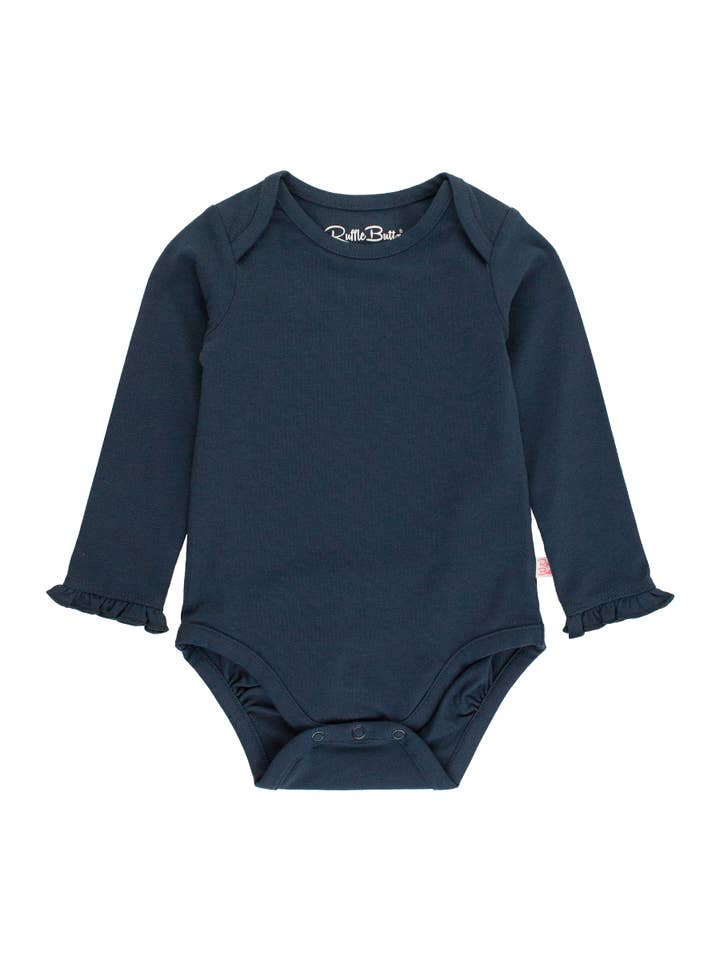 Mörk marinblå stickad långärmad volangbody för babyflickor för wholesale av RuffleButts + RuggedButts