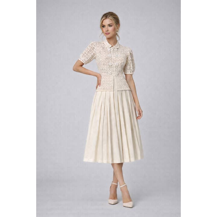 DR981Y Ensemble : haut en dentelle à double boutonnage et jupe plissée pour la vente par Productseeker