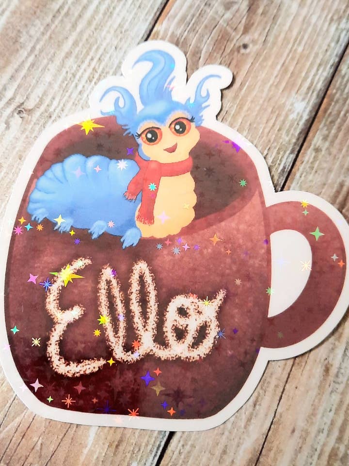 Ello Blue Worm On A Brown Mug Sticker, 80s Nostalgia Sticker for wholesale by Unsupervised Art