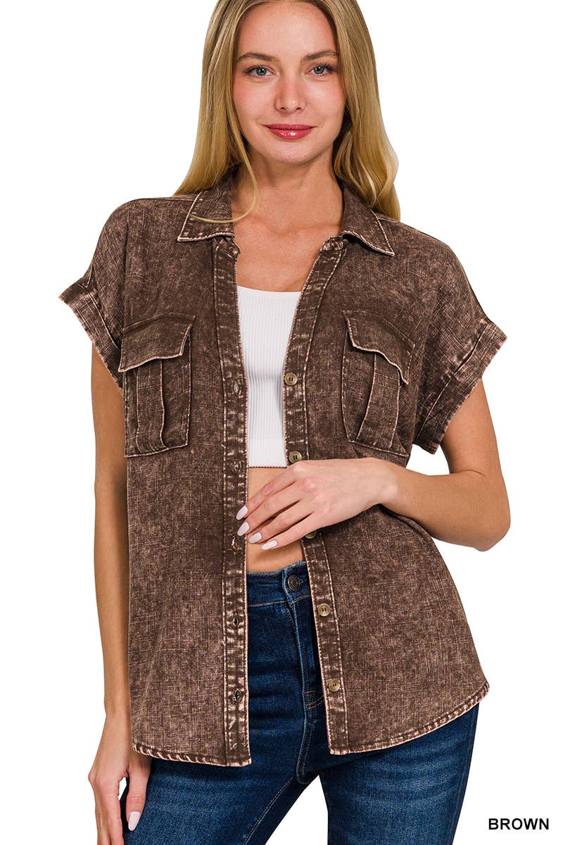 TIEFES KAMEL-167007 Geknöpfte Hemden mit Fledermausärmeln und gewaschenem Look für den Großhandel auf Faire4