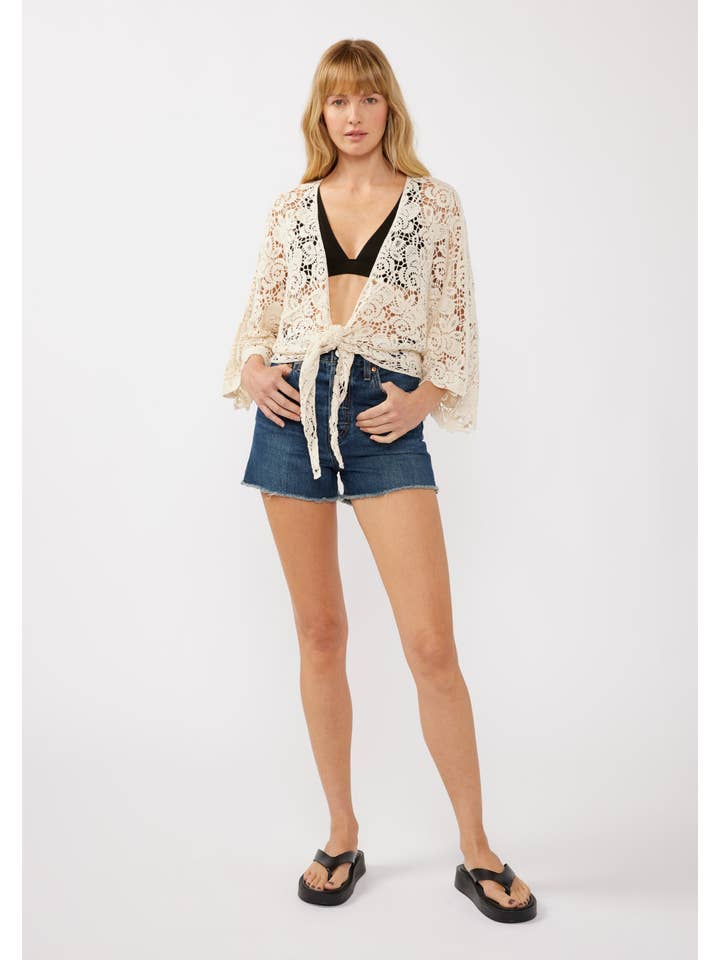 Natural Floral Tie-Front Crochet Kimono for wholesale on Faire7