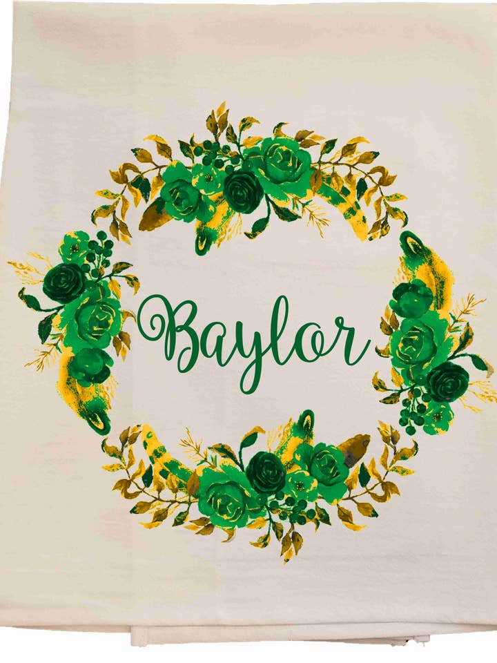 Baylor Wreath Tea Towel for wholesale by Bunnies and Bows