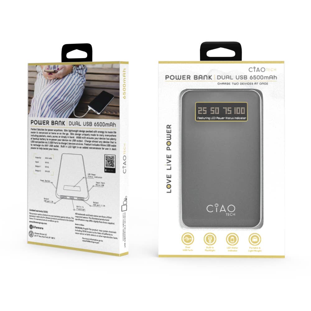 Black White Ciao Tech Stylish 6,500 Mah Rubberized Powerbank Black/White for wholesale on Faire1