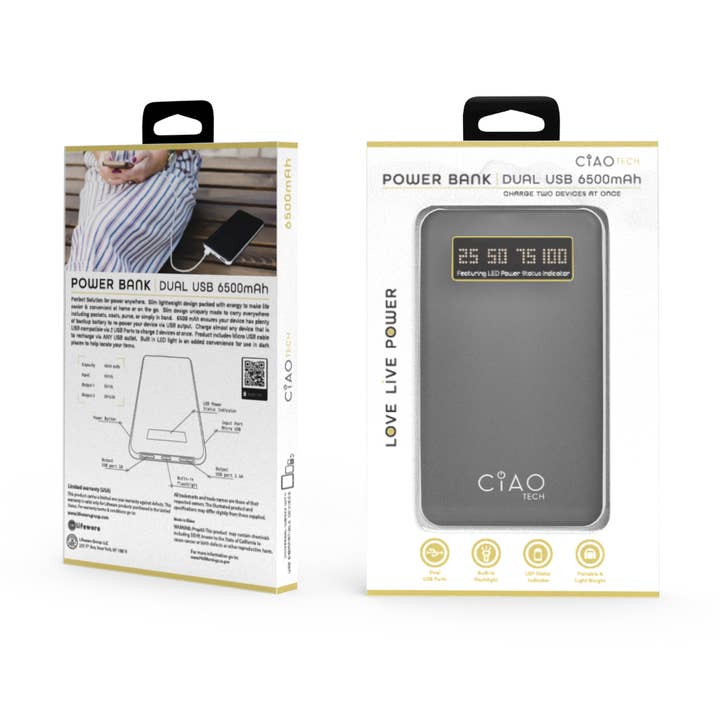 Black White Ciao Tech Stylish 6,500 Mah Rubberized Powerbank Black/White for wholesale on Faire1