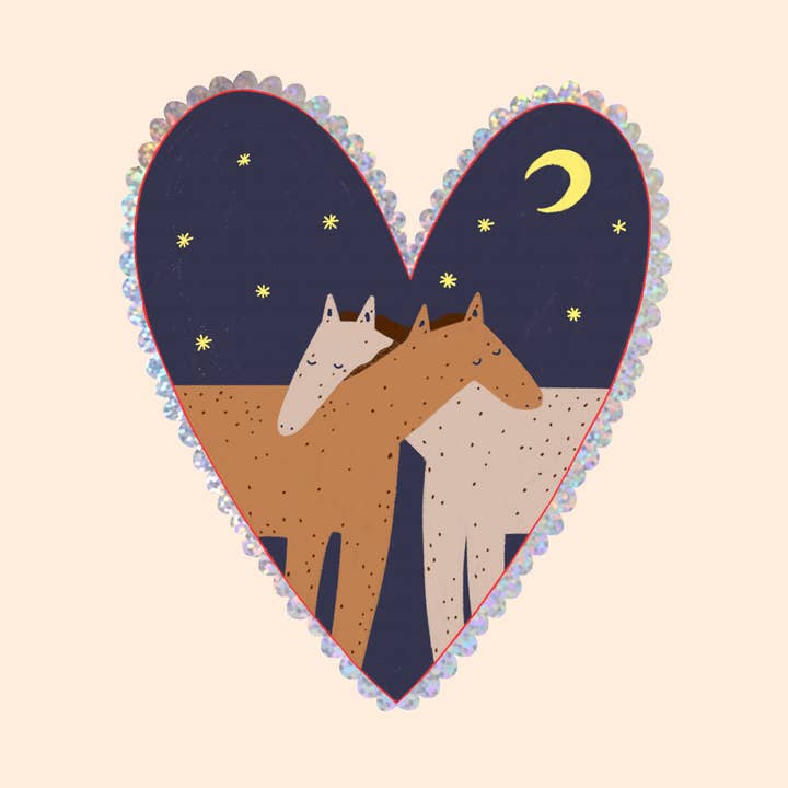 Hugging Horses Glitter Sticker | Vinyl Heart Shaped Sticker for wholesale by Little Black Cat Illustrated Goods