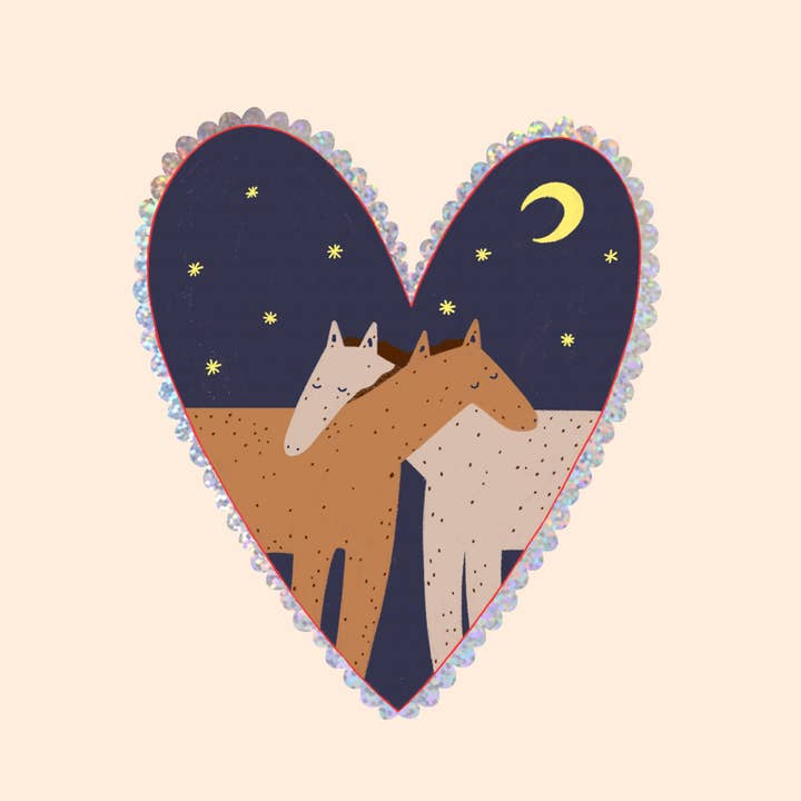 Hugging Horses Glitter Sticker | Vinyl Heart Shaped Sticker for wholesale by Little Black Cat Illustrated Goods
