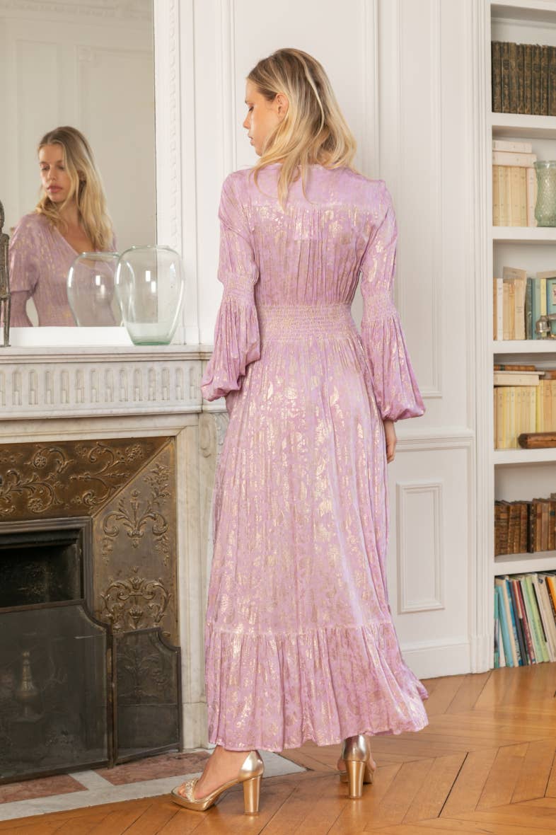 Lilac Loose-fitting long dress with gilding effect print. for wholesale on Faire3