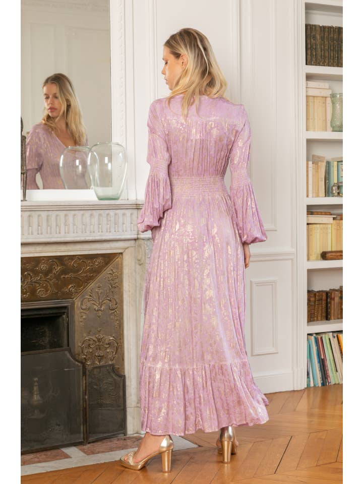 Lilac Loose-fitting long dress with gilding effect print. for wholesale on Faire3
