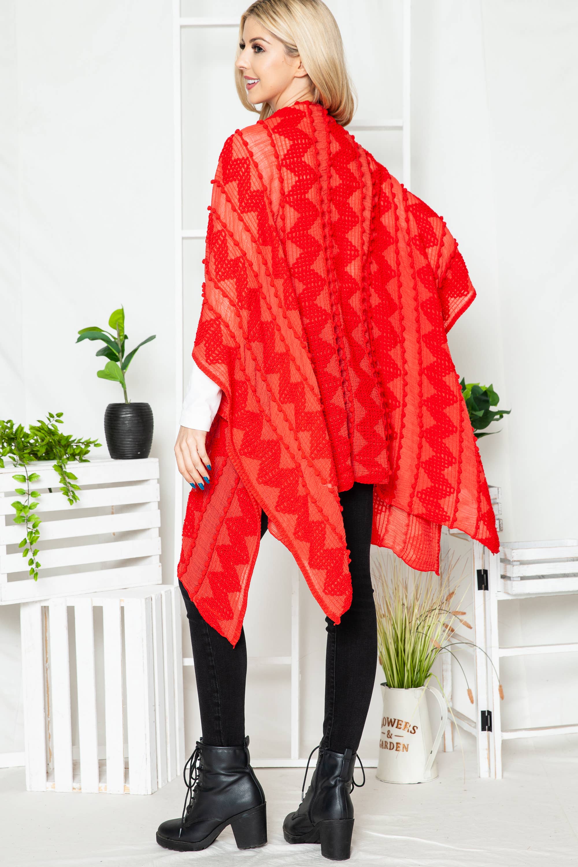 Justin & Taylor - Wholesale Kimono - Women's - Puffer-Up | Soft Textured Cover-Up Kimono With Pom Detail19