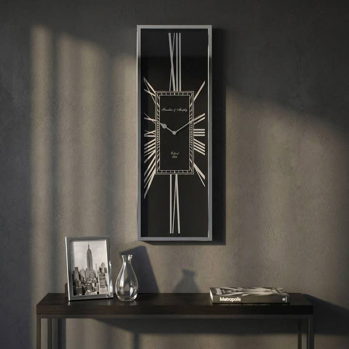 Reloj de pared Art-Deco rectangular negro cromo, de alta calidad y brillante, HxB.76x26 cm para venta al por mayor de Antikas