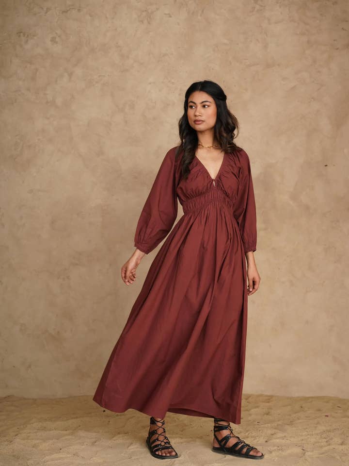 Baumwoll-Midikleid mit tiefem V-Ausschnitt und Taschen, Langarm #2 für den Großhandel von Tailor Didi