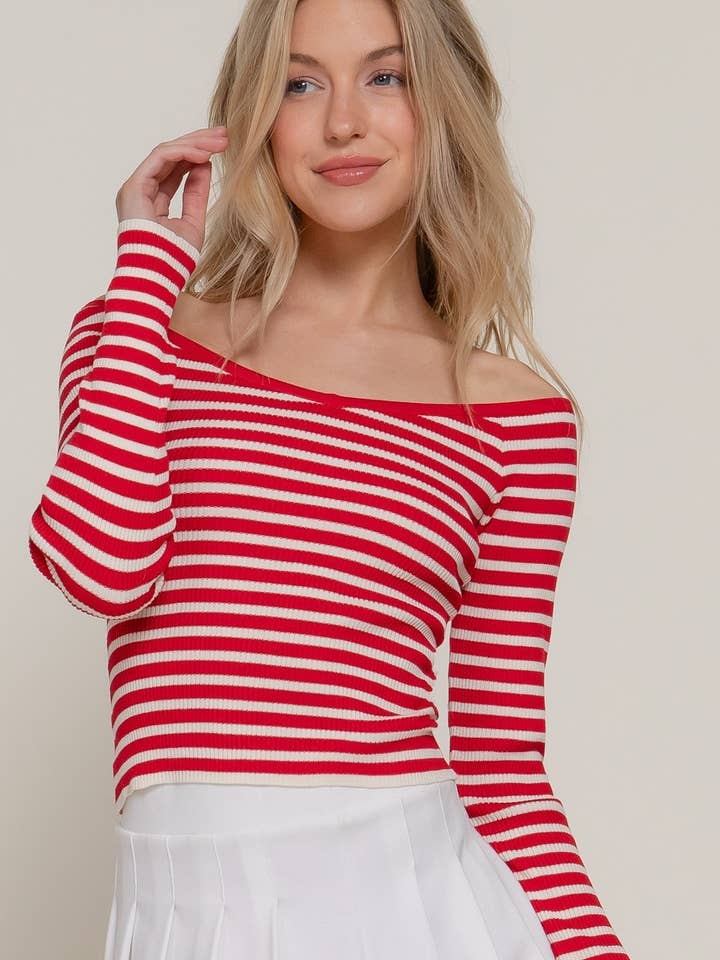 Suéter largo y delgado con cuello ancho y estampado a rayas para venta al por mayor de Vanilla Monkey