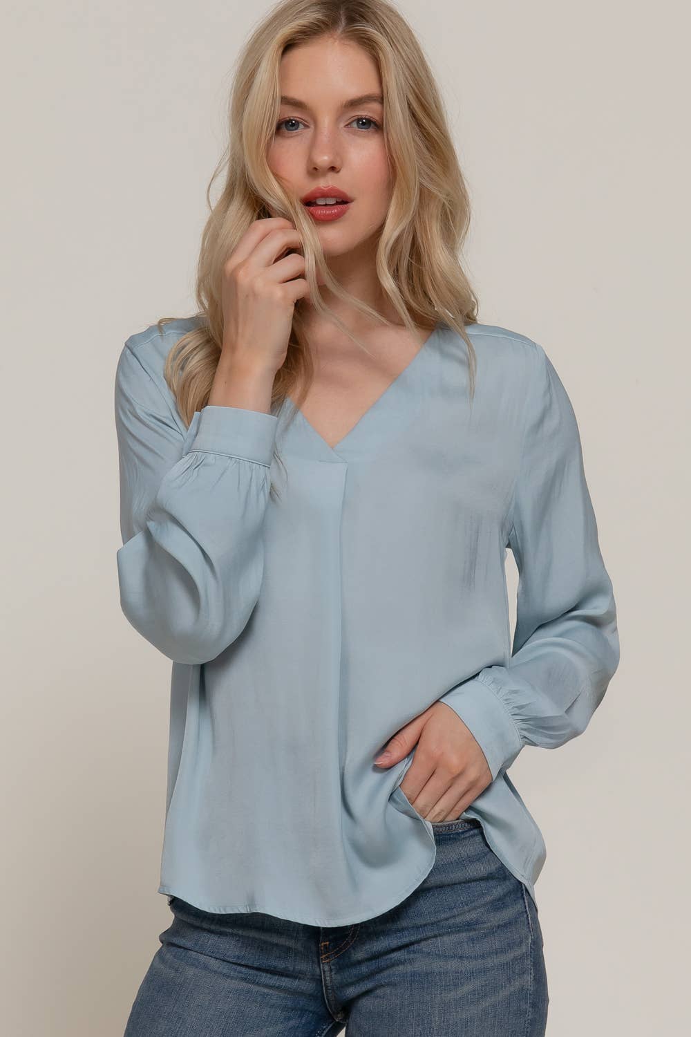 Active Basic | Active USA - Wholesale Blouse - Women's - Long Sleeve V-Neck with Pleats Satin Blouse1