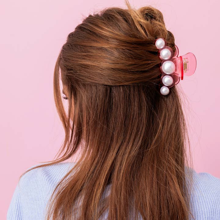 Taylor Elliott Designs - Wholesale Hair Clip - Women's - Claw Hair Clip - Large - Translucent Pink w/ Pearl Beads