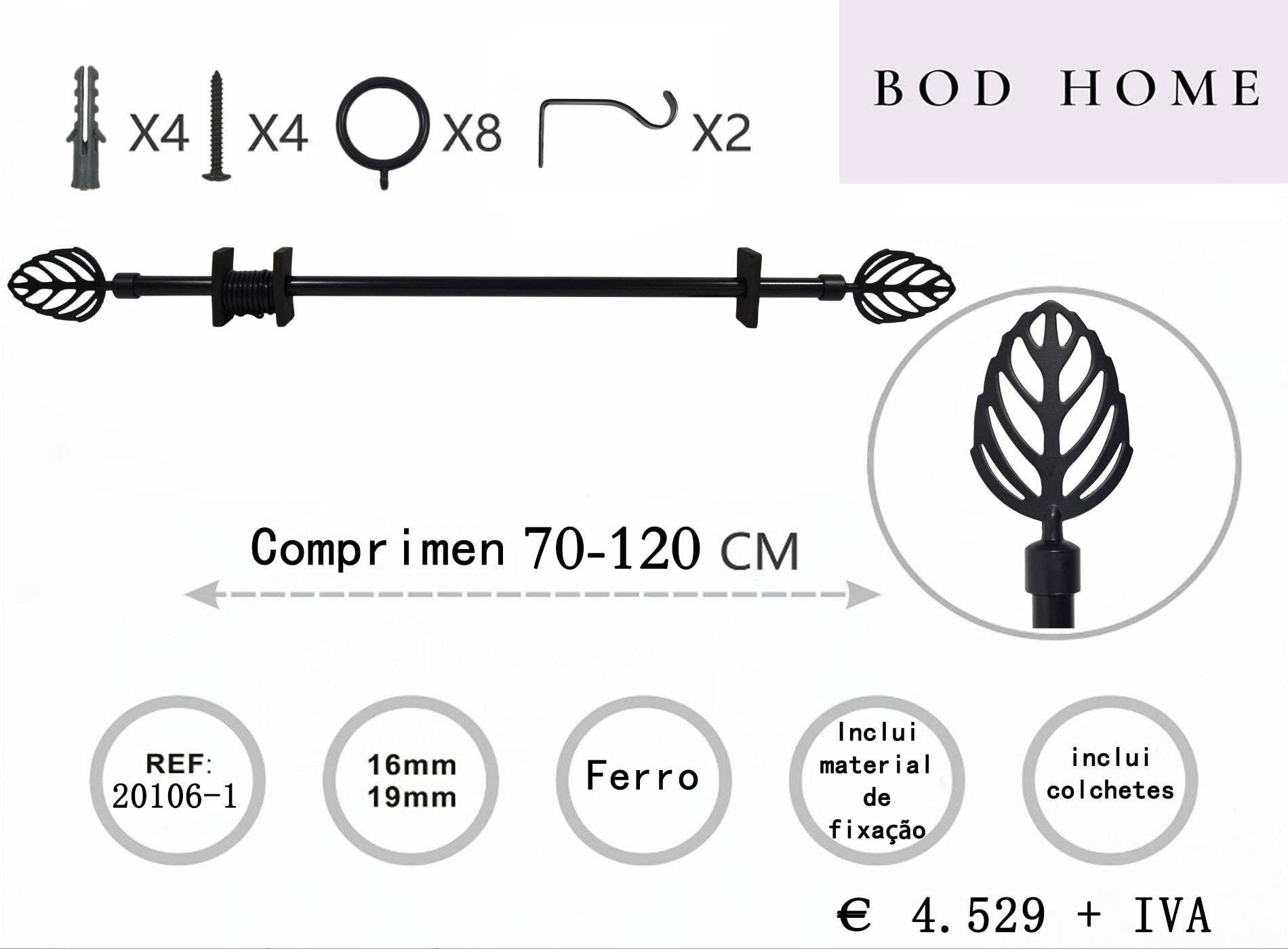 BOD HOME – Varão de cortina por atacado – VARÃO PARA CORTINA METAL PRETO 70-120cm FOLHA1