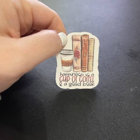 Happiness is a Cup of Coffee and a Good Book Sticker for wholesale by Lem&Lollipops Supply Co. LLC