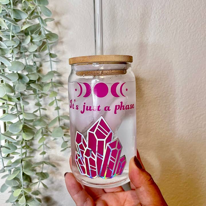 It's Just A Phase Saying, Crystals, Cold Temperature Color Changing Lunar, Glass Iced Coffee Cup, Gift, Mother's Day, Dia De La Madre Regalo for wholesale by Designs & Crafts By Mo