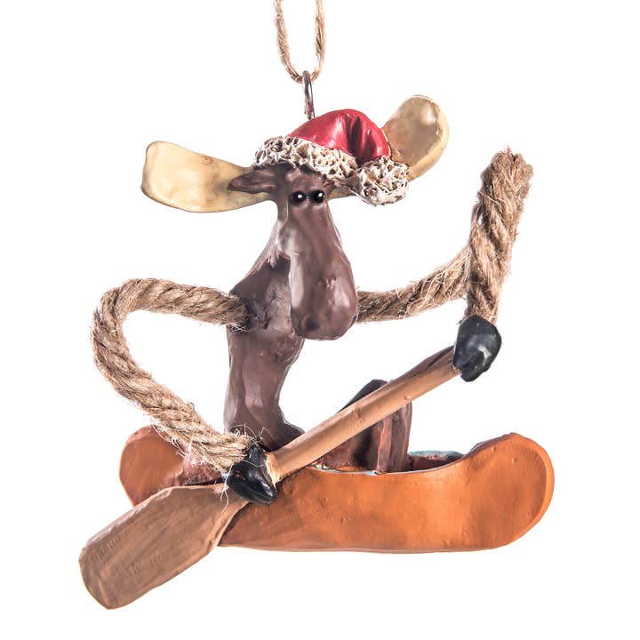 J Devlin Glass Art & Bert Anderson Collection - Wholesale Ornament - Moose In Canoe Ornament With Santa Hat | BAC 186