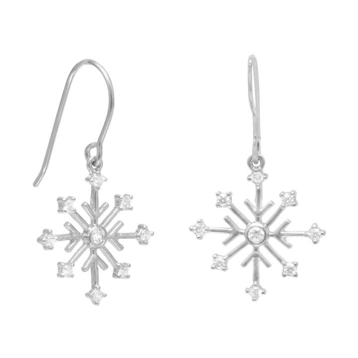 Rhodium Plated 8 Point CZ Snowflake Earrings for wholesale by Silver Stars Collection