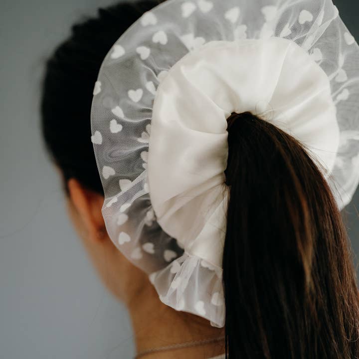 Maisie Ivory Heart Tulle Double Ruffle Silk Scrunchie for wholesale by Mille Saisons