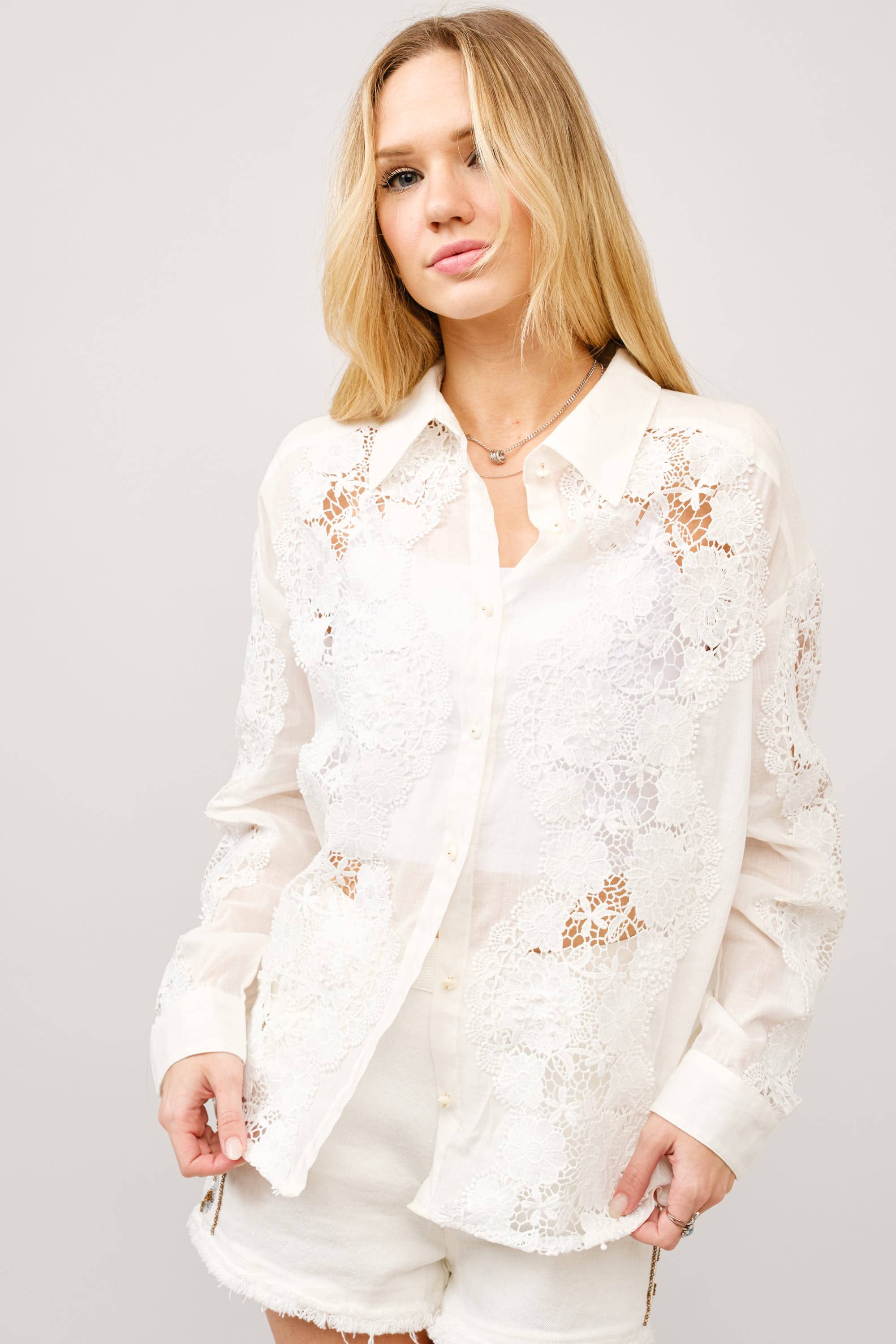 OFF WHITE 41001T - Crochet Lace Linen Blend Button-Up Blouse for wholesale on Faire5