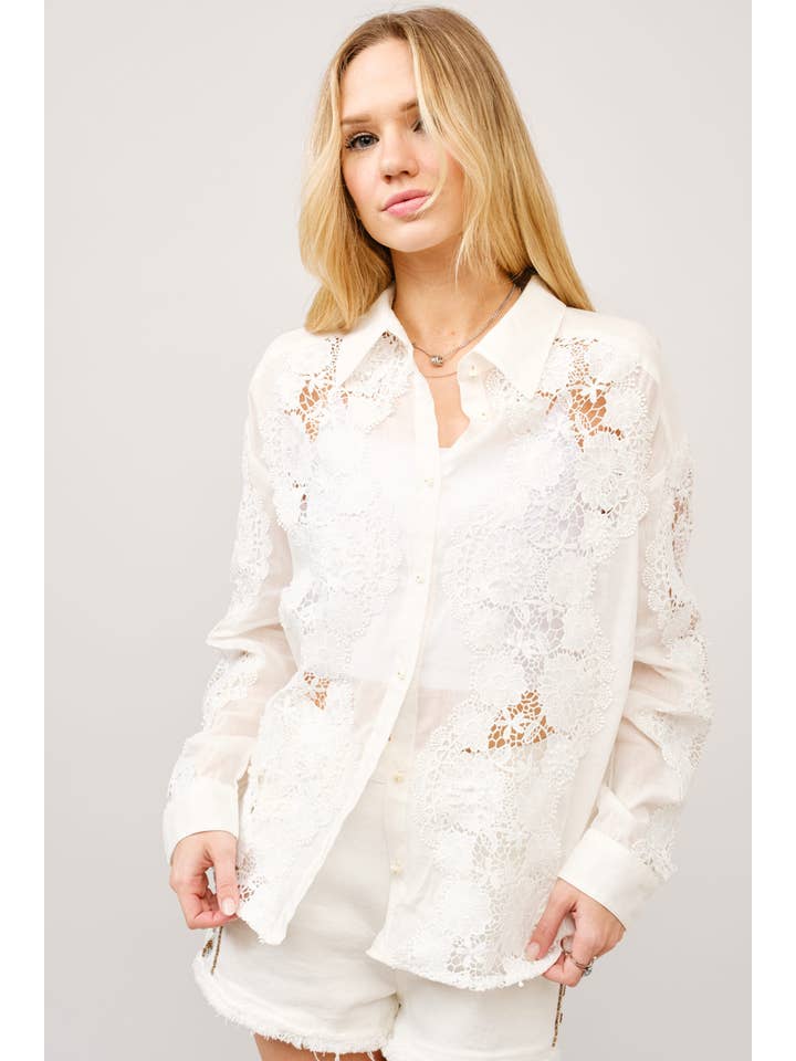 OFF WHITE 41001T - Crochet Lace Linen Blend Button-Up Blouse for wholesale on Faire5
