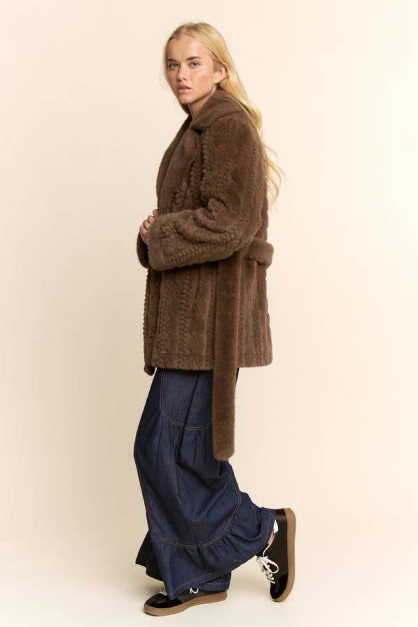 Brown TEXTURED FAUX FUR BELTED COAT for wholesale on Faire8