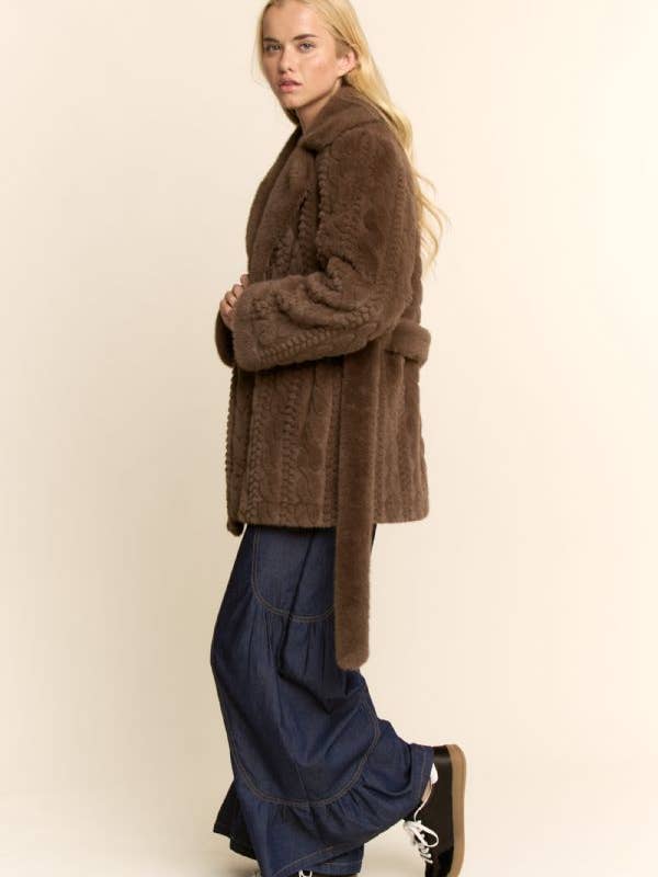 Brown TEXTURED FAUX FUR BELTED COAT for wholesale on Faire8