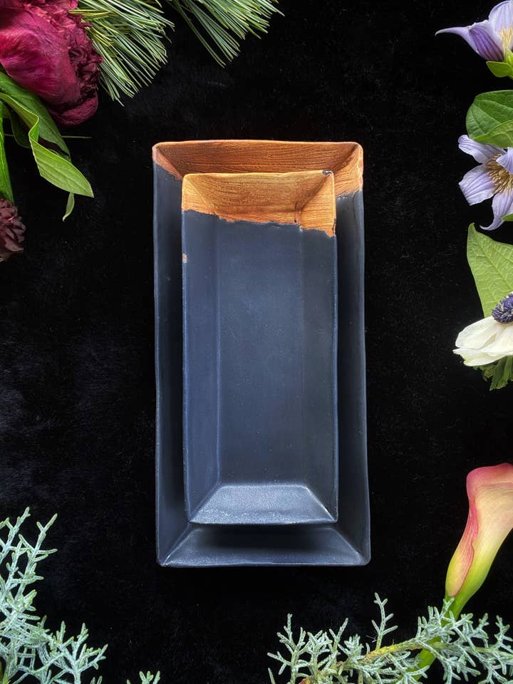 Matte Black w/ Wood Texture (Rectangular) Plates and Dinnerware for wholesale by Keven Craft Rituals LLC