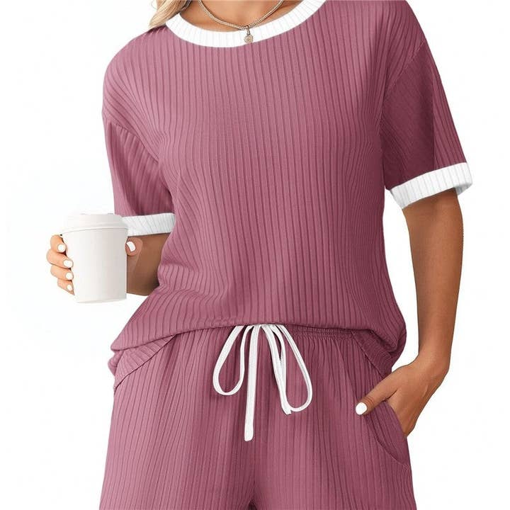 Colorblock Ribbed Short Sleeve Pajama Set for wholesale by Sheer Trend